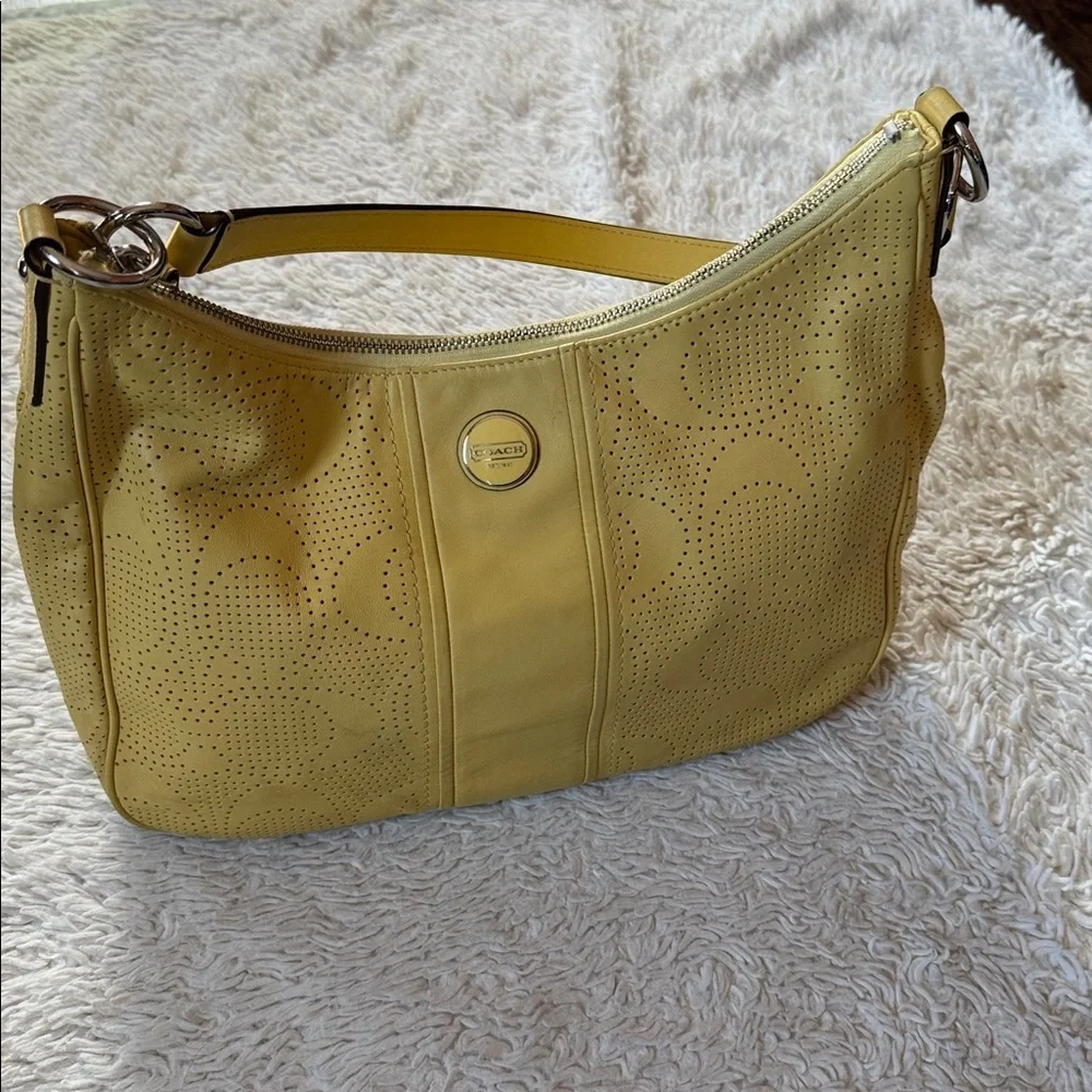 COACH Signature Stripe Convertible Hobo Bag YelowPerforated Leather F23241